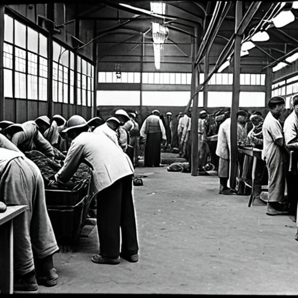 A black and white photograph reminiscent of the Japanese colonial era in Korea. The image depicts a crowded factory floor with Korean laborers working diligently under the supervision of Japanese foremen. The scene conveys both the hardship and the resilience of the Korean workers during this period, with a focus on their faces showing determination amidst adversity.