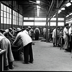 A black and white photograph reminiscent of the Japanese colonial era in Korea. The image depicts a crowded factory floor with Korean laborers working diligently under the supervision of Japanese foremen. The scene conveys both the hardship and the resilience of the Korean workers during this period, with a focus on their faces showing determination amidst adversity.