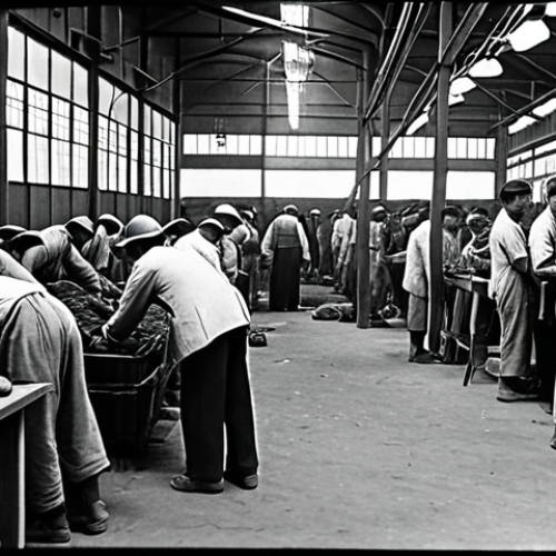 Home 11 A black and white photograph reminiscent of the Japanese colonial era in Korea. The image depicts a crowded factory floor with Korean laborers working diligently under the supervision of Japanese foremen. The scene conveys both the hardship and the resilience of the Korean workers during this period, with a focus on their faces showing determination amidst adversity.