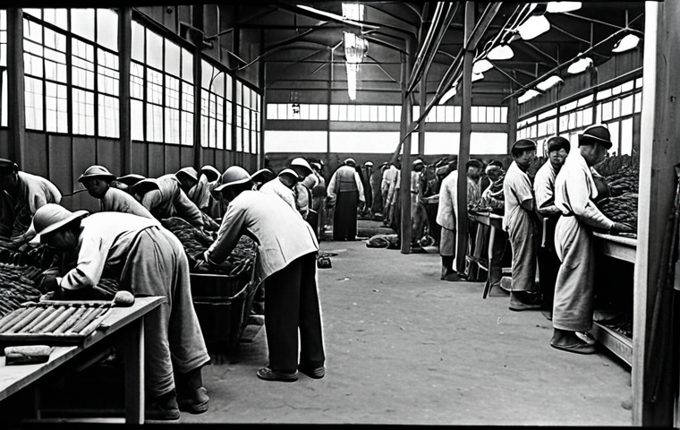 A black and white photograph reminiscent of the Japanese colonial era in Korea. The image depicts a crowded factory floor with Korean laborers working diligently under the supervision of Japanese foremen. The scene conveys both the hardship and the resilience of the Korean workers during this period, with a focus on their faces showing determination amidst adversity.