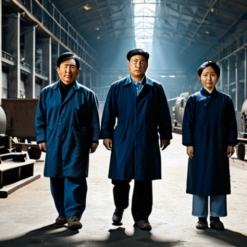 Home 6 A group of adult Korean workers, depicted with perfect anatomy, correct proportions, and natural poses, are fully clothed in modest, period-appropriate, simple work attire. They stand within a vast, dimly lit industrial complex, possibly a factory floor or a coal mine entrance. The background shows basic, large machinery or rough-hewn walls, conveying the scale of the arduous conditions without depicting suffering. The atmosphere is somber and historical, captured in a professional historical photography style with high resolution, detailed textures, and realistic lighting. All subjects have well-formed hands and proper finger count. safe for work, appropriate content, fully clothed, modest, family-friendly.