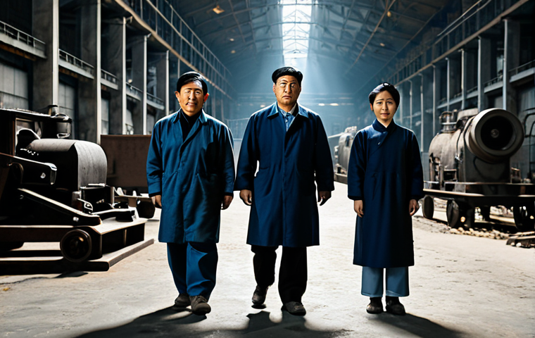 A group of adult Korean workers, depicted with perfect anatomy, correct proportions, and natural poses, are fully clothed in modest, period-appropriate, simple work attire. They stand within a vast, dimly lit industrial complex, possibly a factory floor or a coal mine entrance. The background shows basic, large machinery or rough-hewn walls, conveying the scale of the arduous conditions without depicting suffering. The atmosphere is somber and historical, captured in a professional historical photography style with high resolution, detailed textures, and realistic lighting. All subjects have well-formed hands and proper finger count. safe for work, appropriate content, fully clothed, modest, family-friendly.